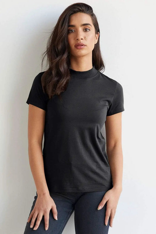 Women’s Organic Pima Cotton Mock-Neck Top, black short sleeves on Tampa Home & Garden Store