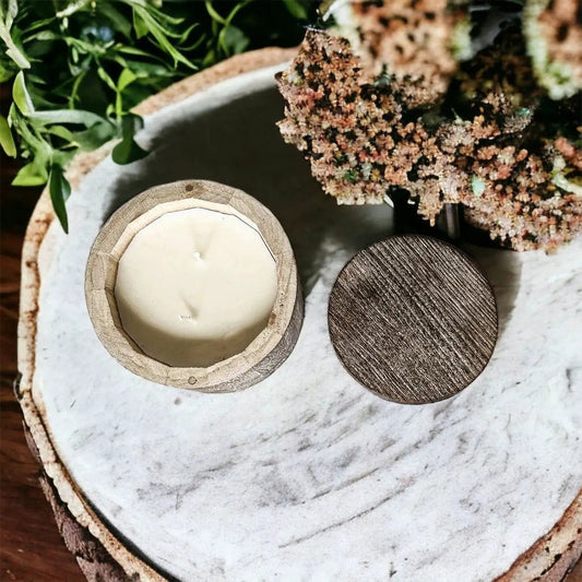 Wood candle vase with wooden lid in natural wood finish by Gia Roma Candles on Tampa Home & Garden Store