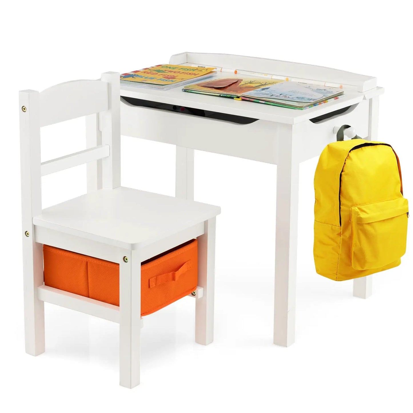 Wood activity table and chair set with storage, white finish, orange storage bin on Tampa Home & Garden Store