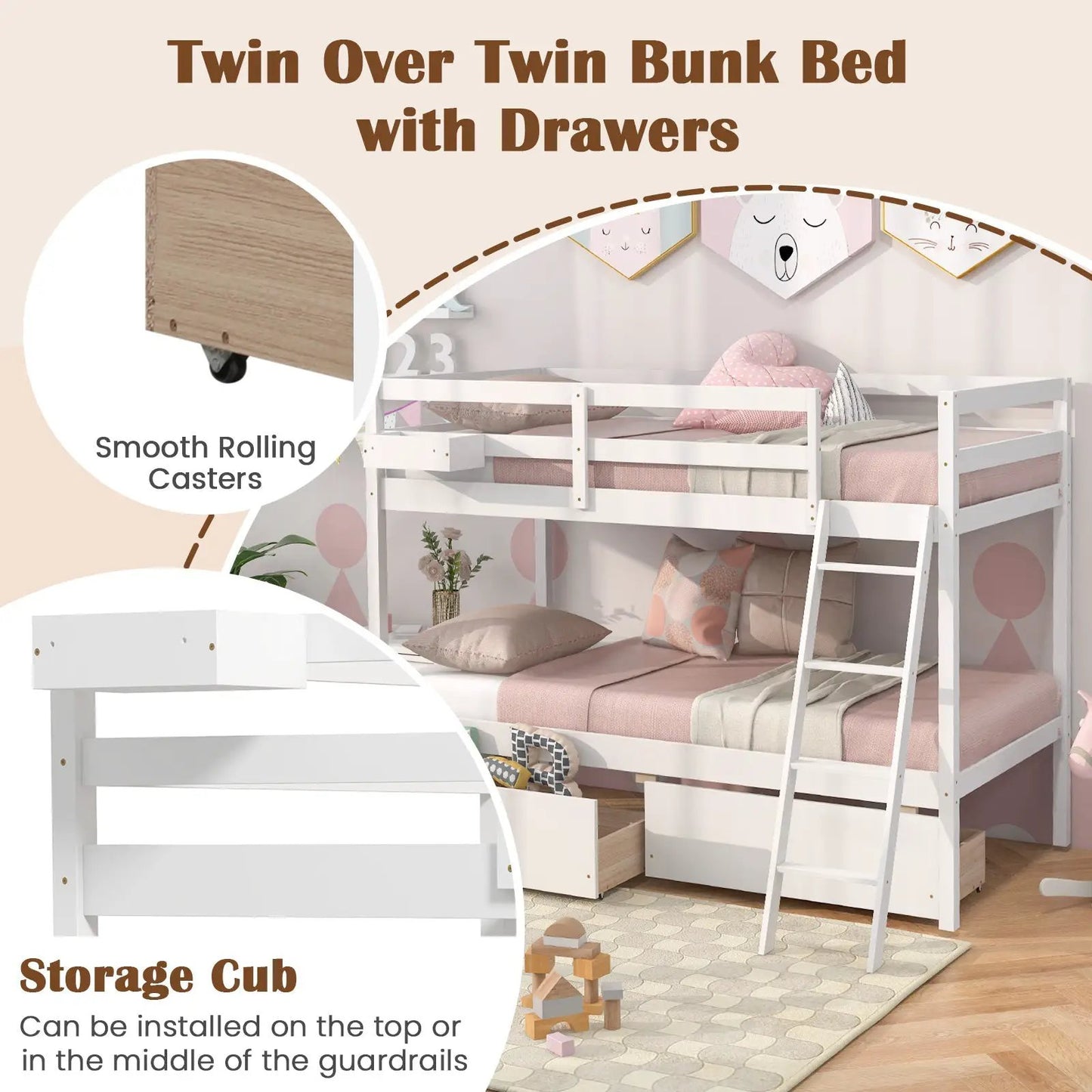 Twin Over Twin Bunk Bed Wood Bed Frame with 2 Storage Drawers and Ladder-White - Tampa Home & Garden Store