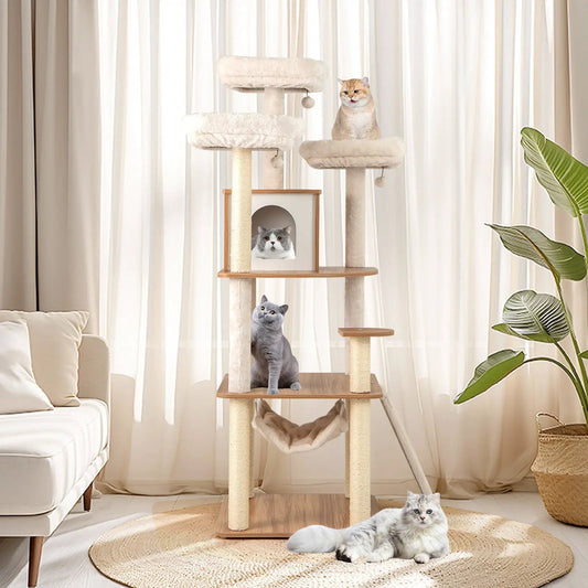 68 Inch Cat Tree with plush beige perches, sisal posts, cubby and hammock by DirectDeals on Tampa Home & Garden Store