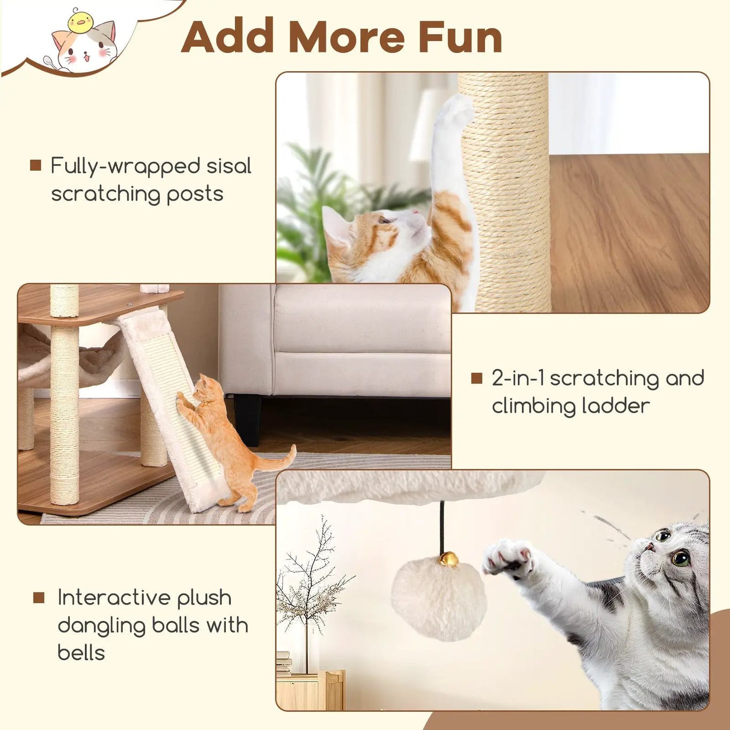 68 Inch Cat Tree with sisal posts, 3 perches, natural wood finish DirectDeals on Tampa Home & Garden Store
