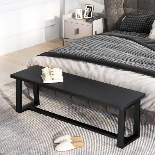 Wood dining bench with metal frame and footpads in a modern bedroom beside the bed on Tampa Home & Garden Store