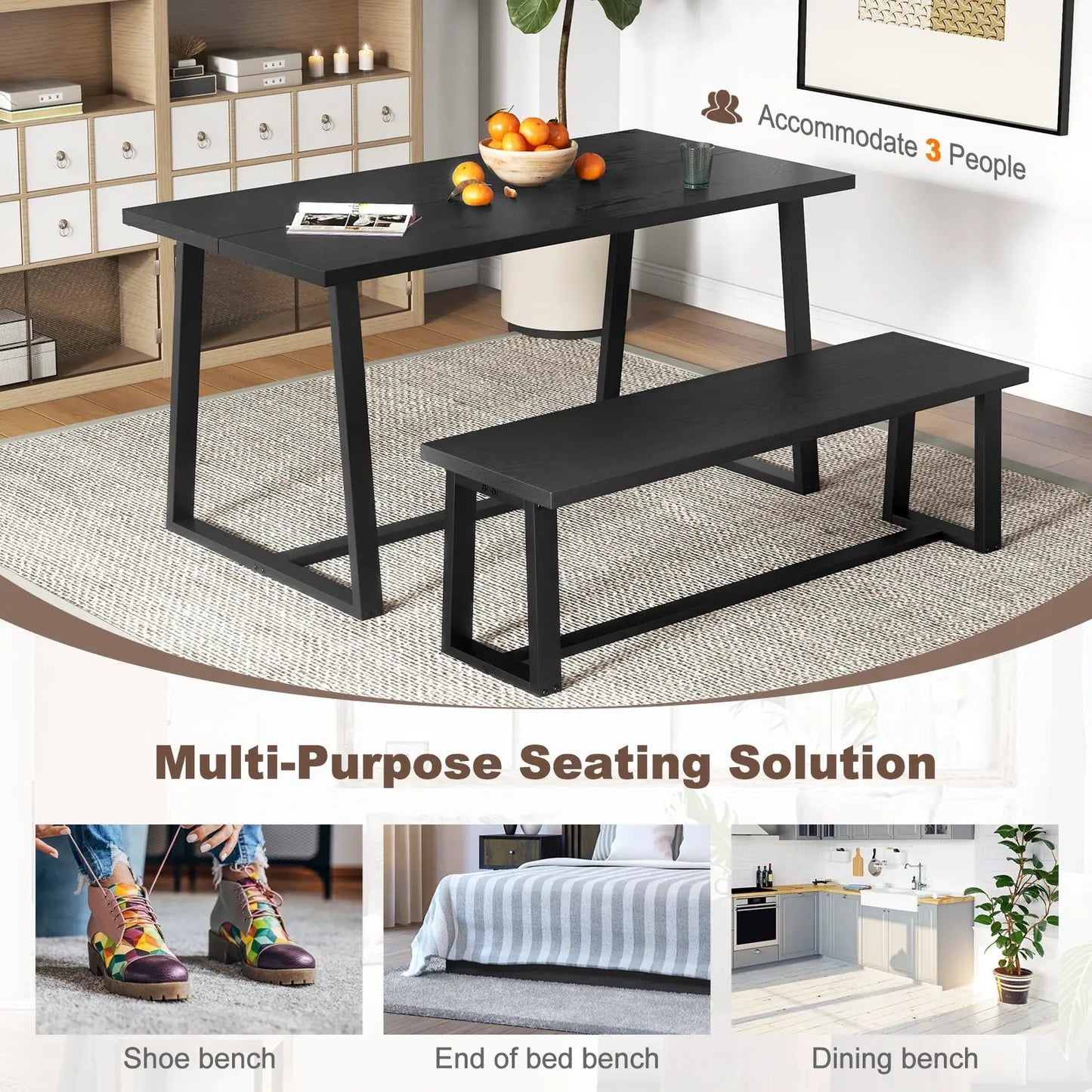 DirectDeals wood dining bench with metal frame and footpads beside a black dining table on Tampa Home & Garden Store