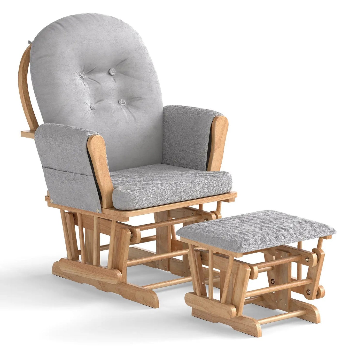 Wood glider chair and ottoman set, 2-piece with gray padded cushions and wooden frame on Tampa Home & Garden Store