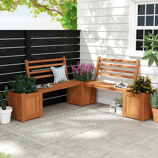 Wood Planter Box Bench with Backrest set of 2 in natural wood finish for a corner patio on Tampa Home & Garden Store