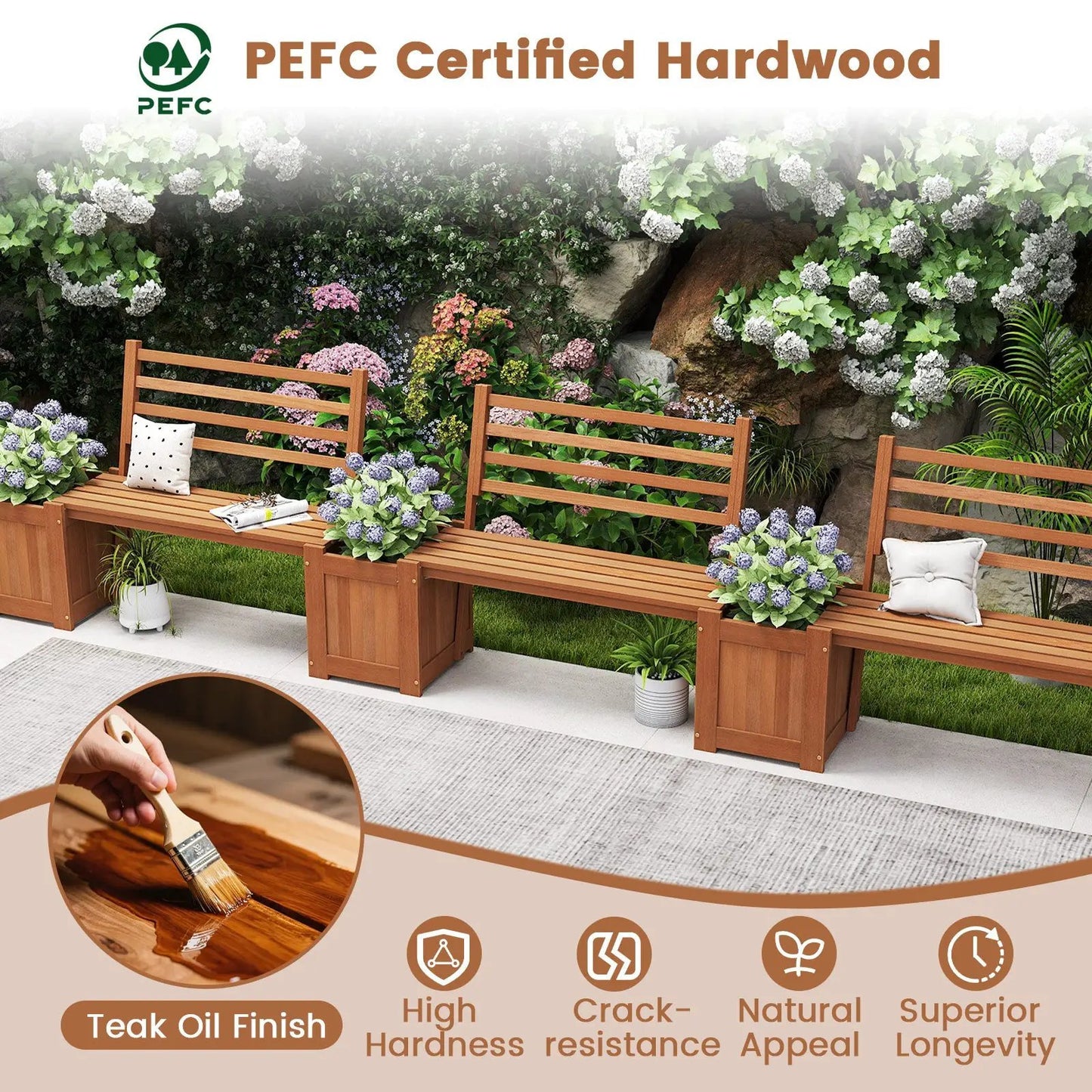 Wood Planter Box Bench with Backrest set of 3 in teak oil finish by DirectDeals on Tampa Home & Garden Store
