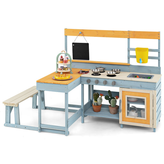 Fir Wood Play Kitchen with Kids Picnic Table and Built-in Bench-Gray - Tampa Home & Garden Store