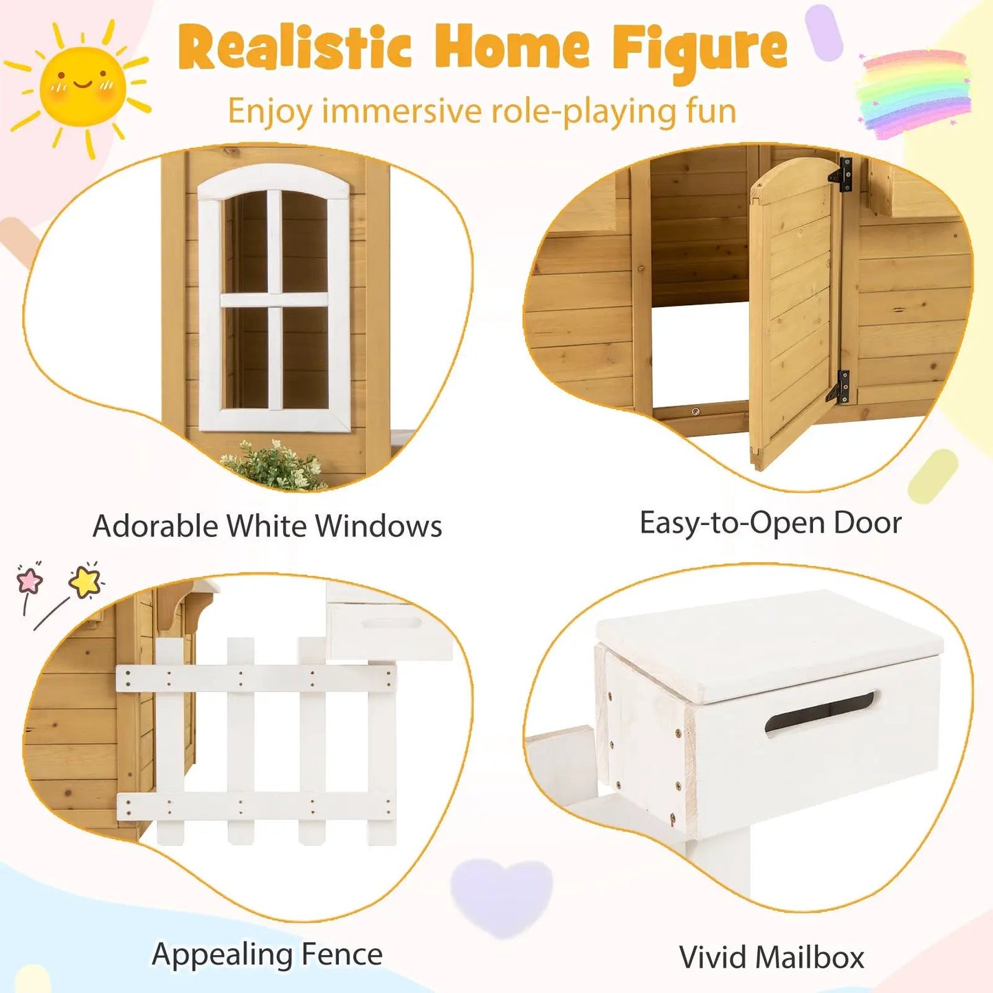 Wood Playhouse With Bench and Serving Stations for ages 2+, white window frame, easy-to-open door on Tampa Home & Garden Store