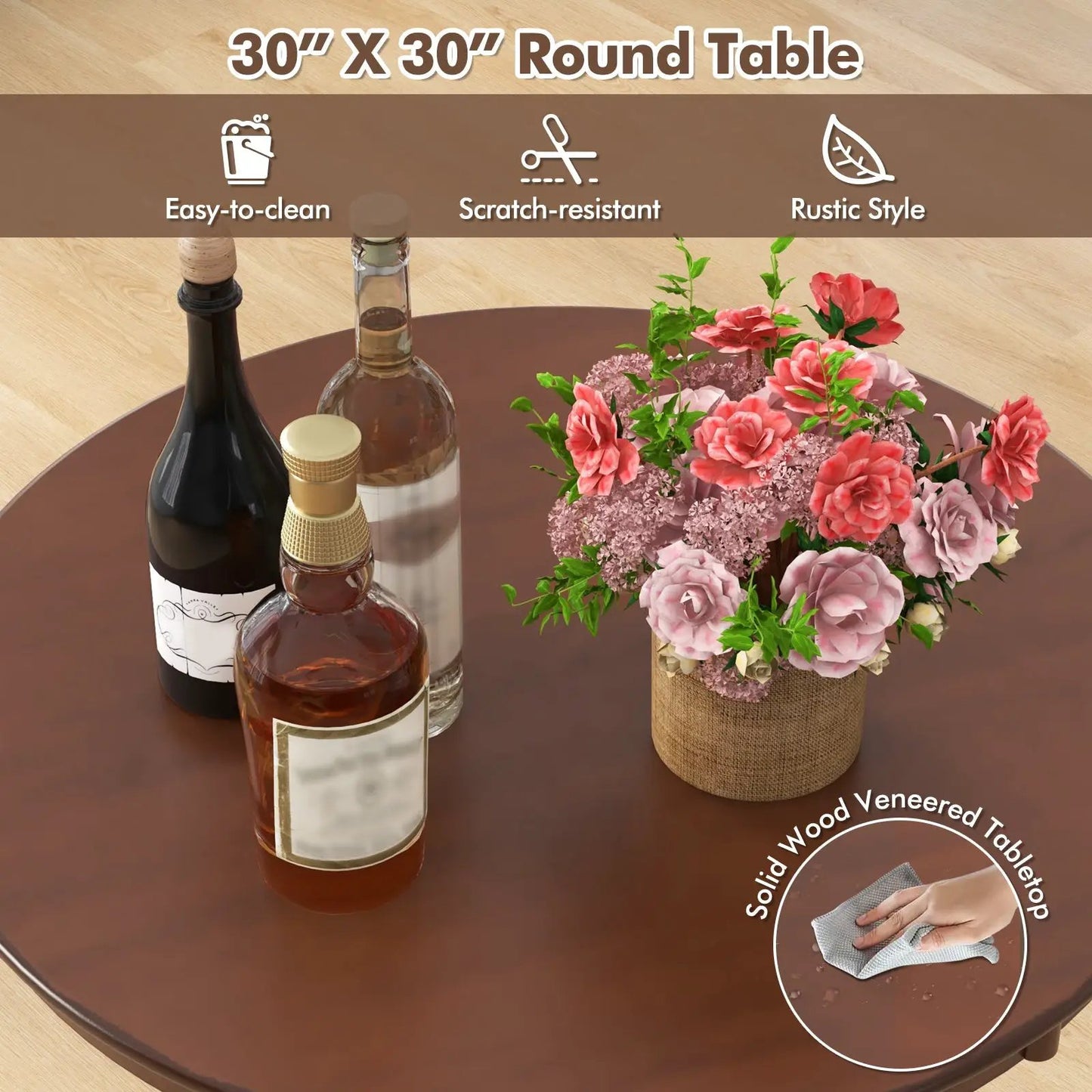 Wood Pub Round Dining Table With Pedestal Base in brown wood finish, sturdy rustic style on Tampa Home & Garden Store