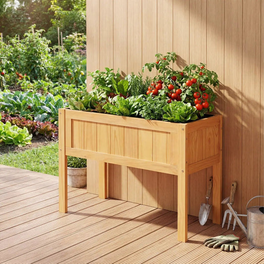 Natural wood raised planter bed with liner and drainage holes by DirectDeals on Tampa Home & Garden Store