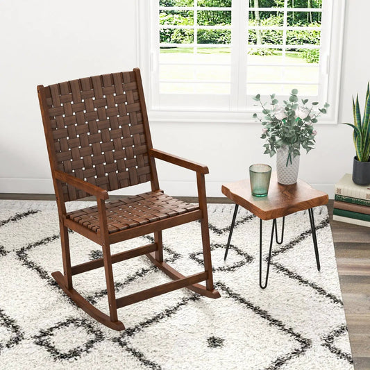 Patio Wood Rocking Chair with PU Seat and Rubber Wood Frame-Brown - Tampa Home & Garden Store