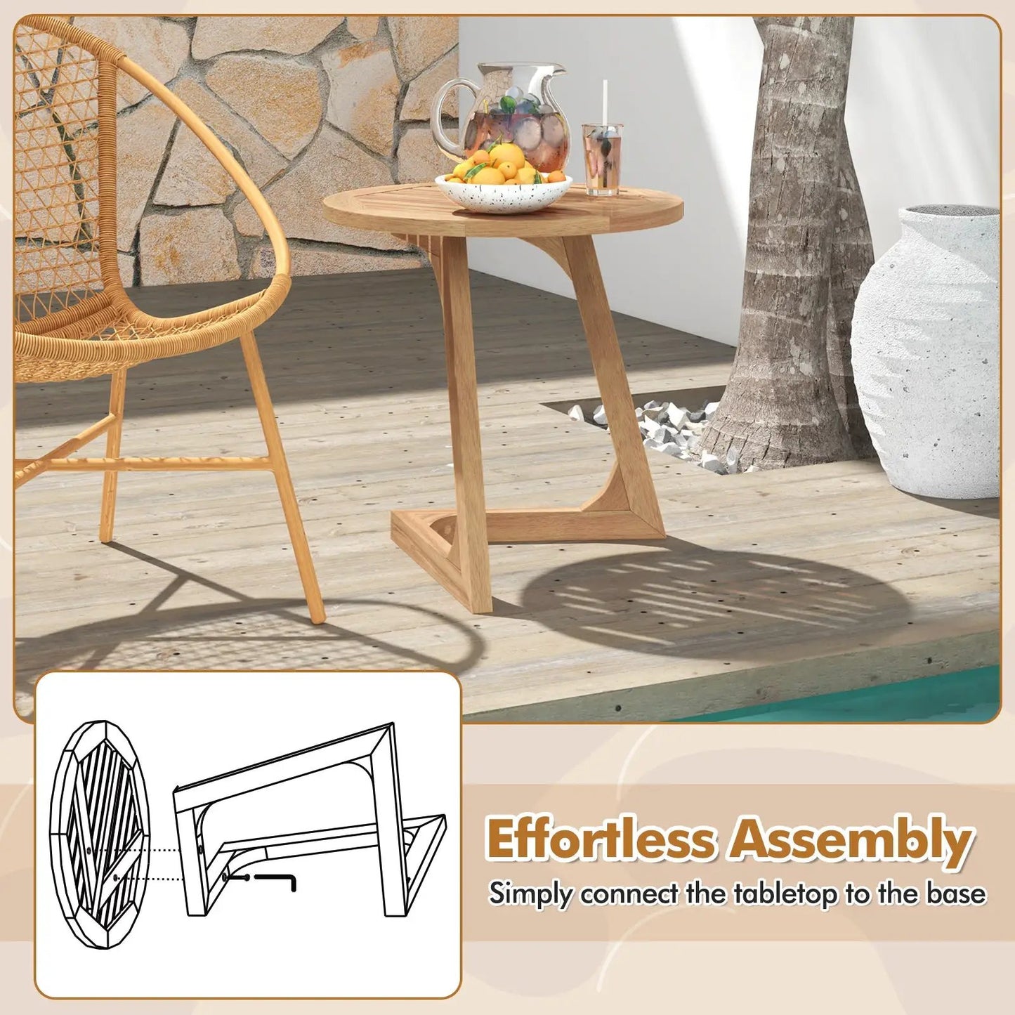 Teak Wood Round Side Table with Slatted Top natural wood finish angled legs on Tampa Home & Garden Store