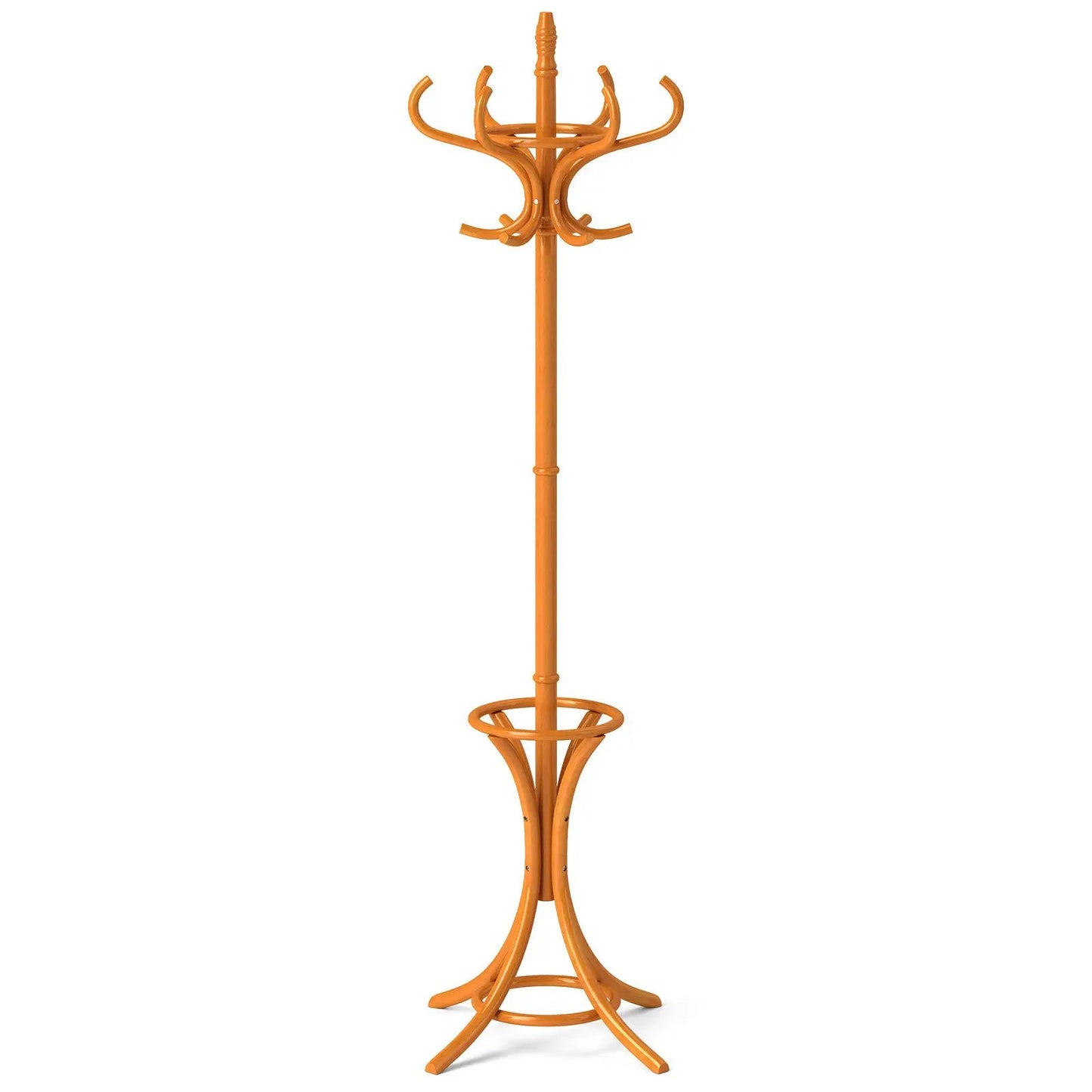 Wood standing hat coat rack with umbrella stand in orange finish, multiple curved hooks and circular base on Tampa Home & Garden Store
