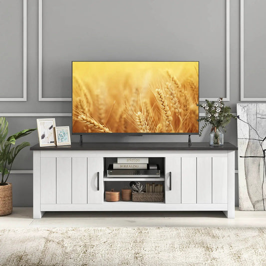 DirectDeals TV stand with 2 cabinets and open shelves in white with dark top for TVs up to 65 in on Tampa Home & Garden Store