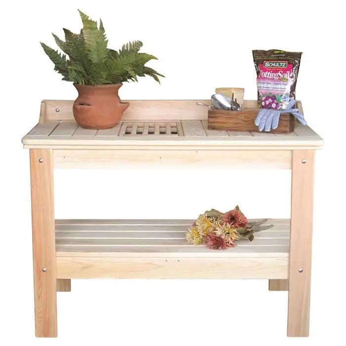 Wooden potting bench garden table in wood; USA-made with top planter and lower shelf on Tampa Home & Garden Store