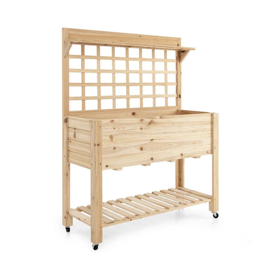 Wooden Raised Garden Bed with Wheels, Trellis and Storage Shelf, natural pine finish on casters on Tampa Home & Garden Store