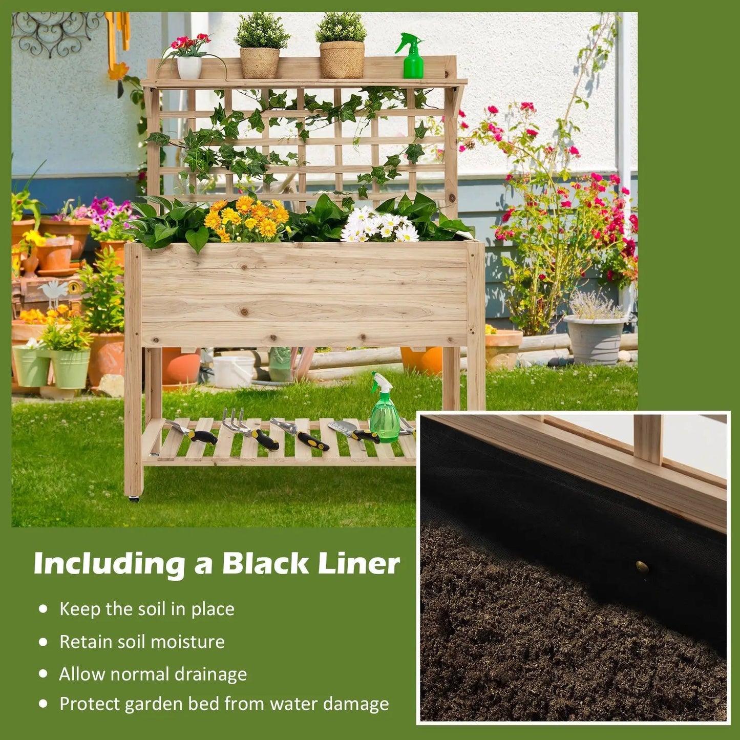 Wooden raised garden bed on wheels with trellis and top planter shelf by DirectDeals on Tampa Home & Garden Store