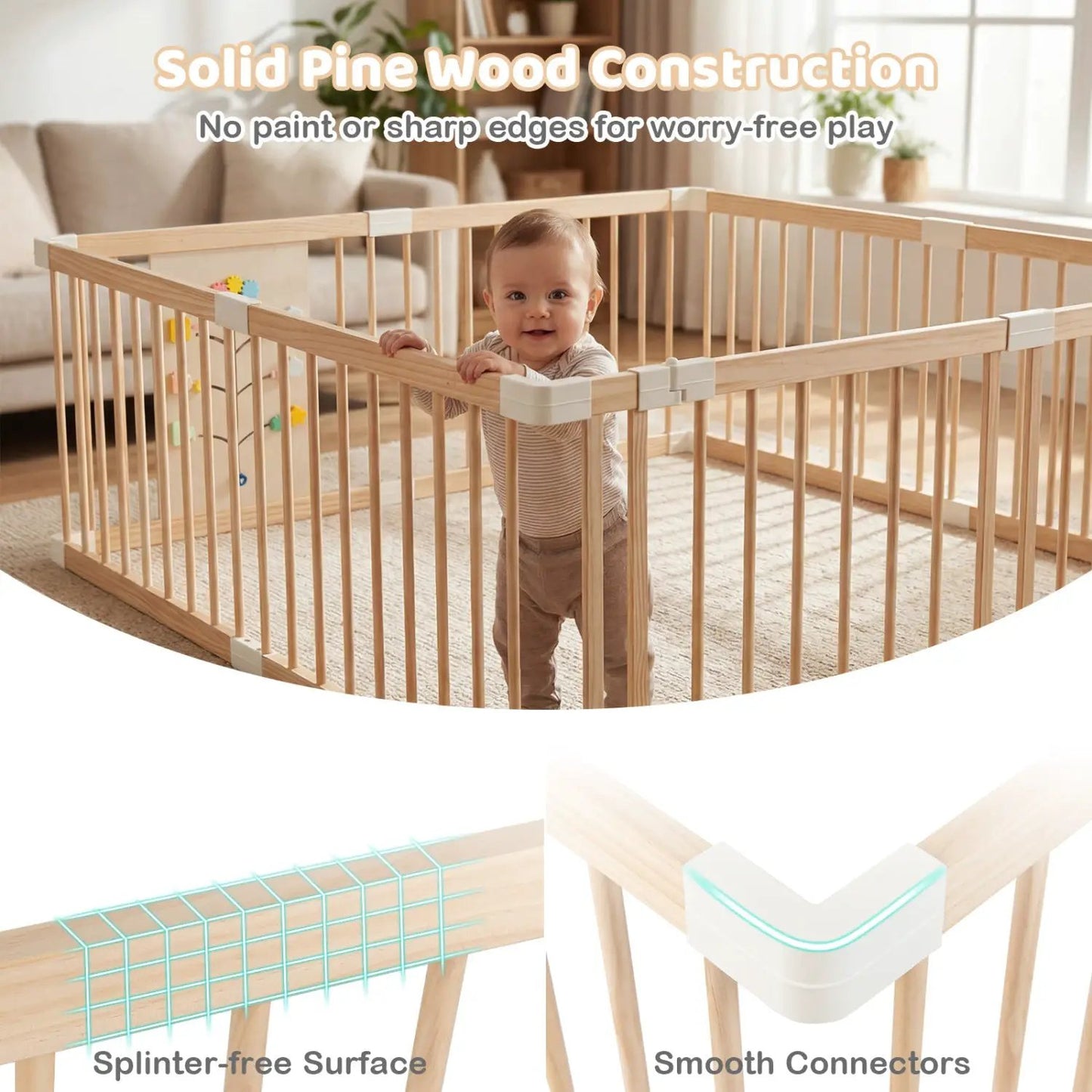 Wooden baby playpen in pine with smooth white connectors, adjustable play yard for babies on Tampa Home & Garden Store
