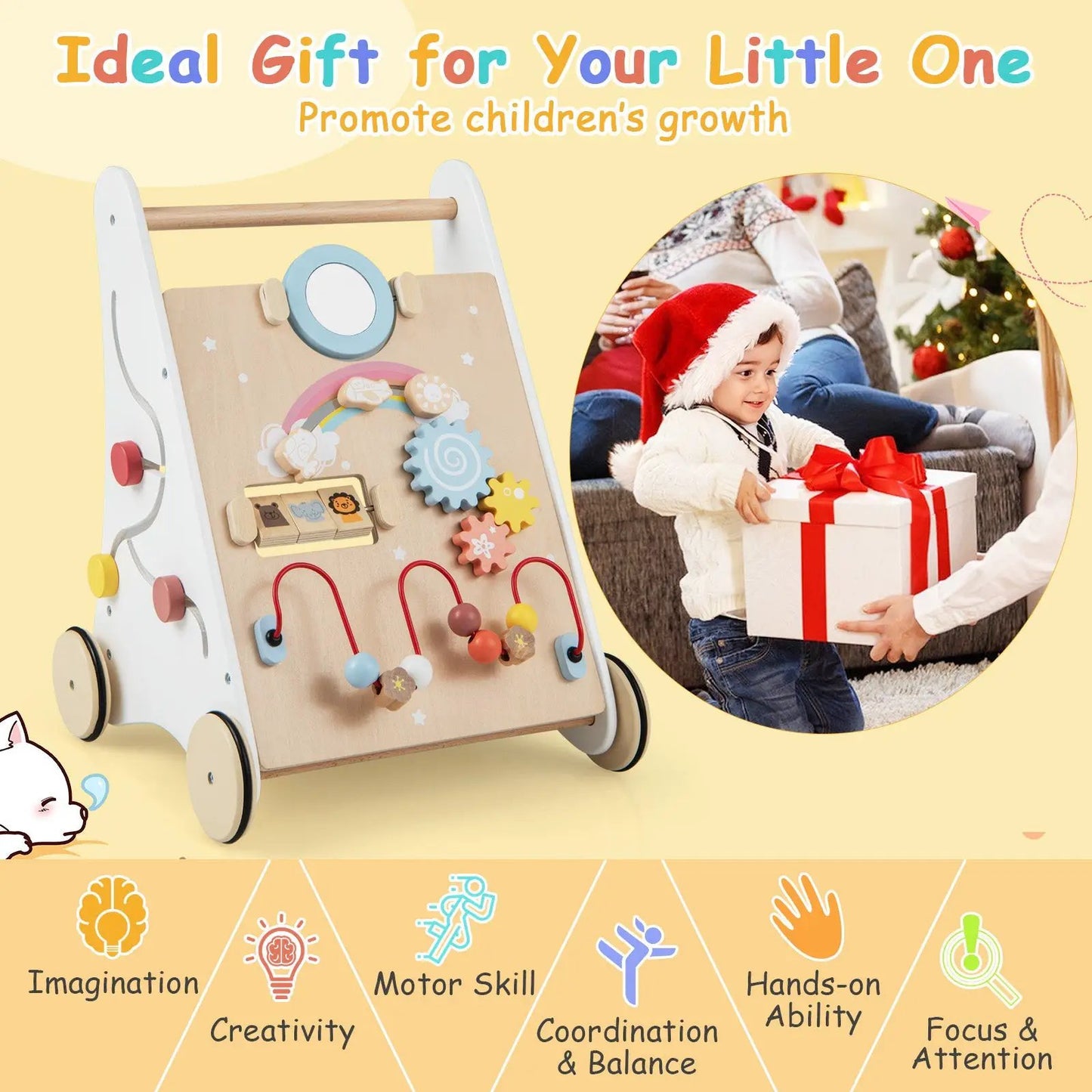 Wooden baby walker with white frame and natural wood activity board, colorful beads and gears by DirectDeals on Tampa Home & Garden Store
