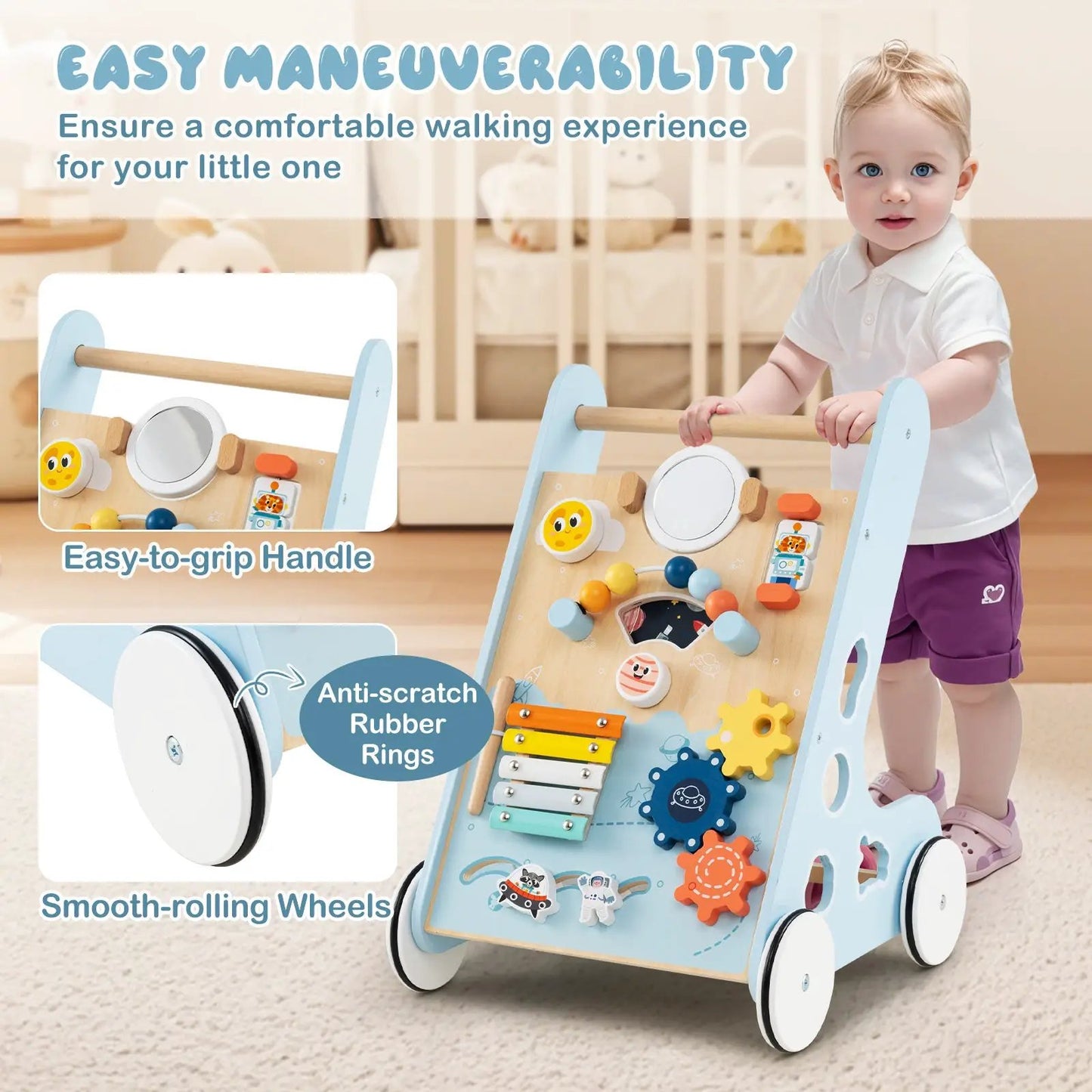 Wooden baby walker with 8-in-1 activity center, blue sides and smooth-rolling wheels on Tampa Home & Garden Store