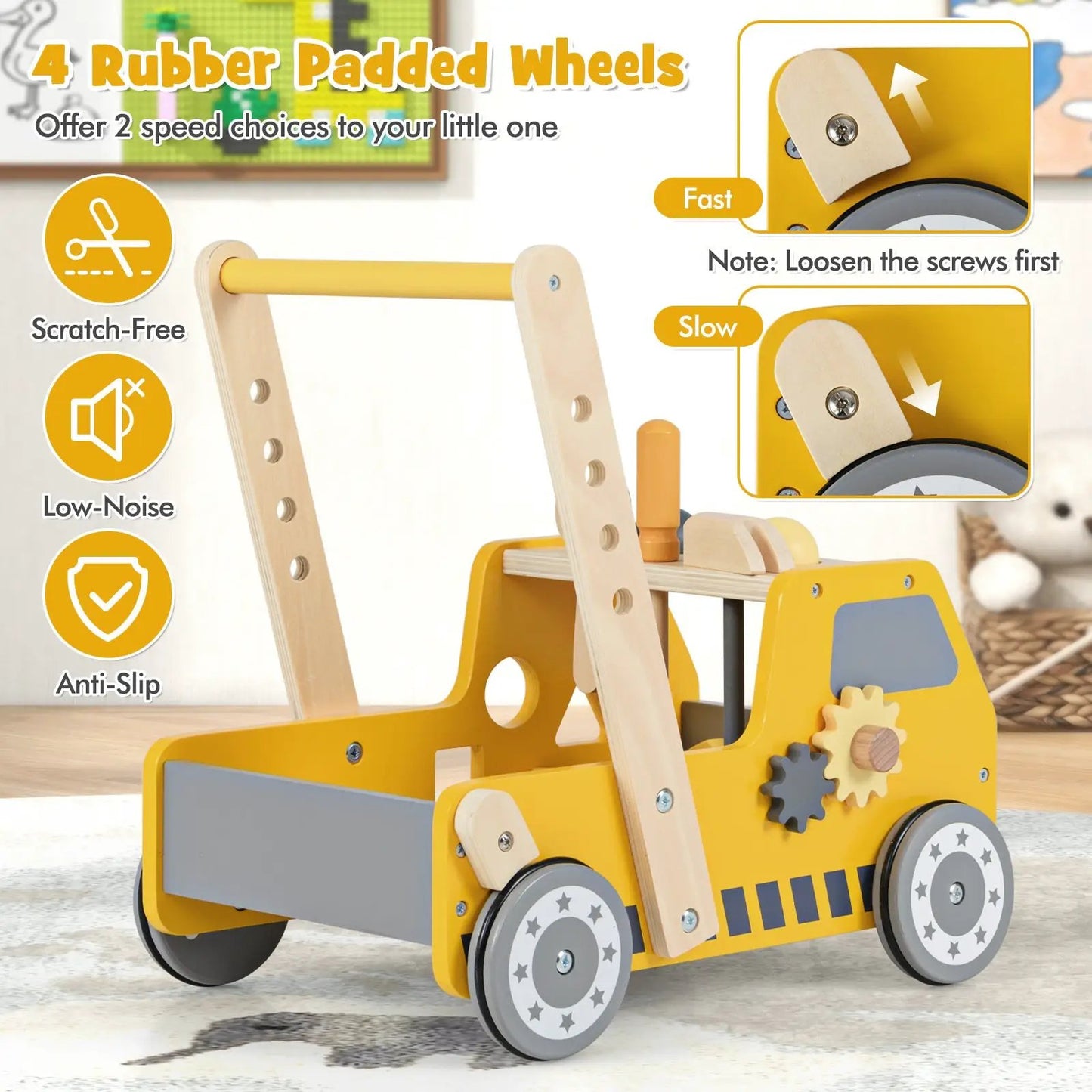 2-in-1 Wooden Baby Walker yellow wood with adjustable speed DirectDeals on Tampa Home & Garden Store
