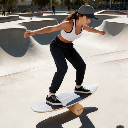 Wooden Balancing Board with Cork Roller, natural wood finish, rider on board at skate park on Tampa Home & Garden Store