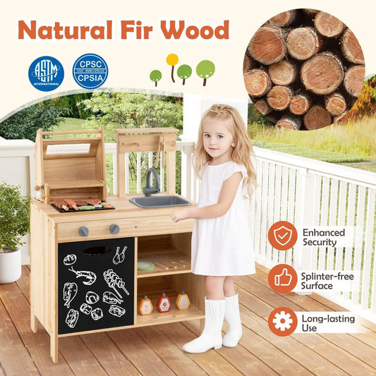 Natural wood barbecue grill playset with chalkboard and sink; child beside DirectDeals Playset on Tampa Home & Garden Store