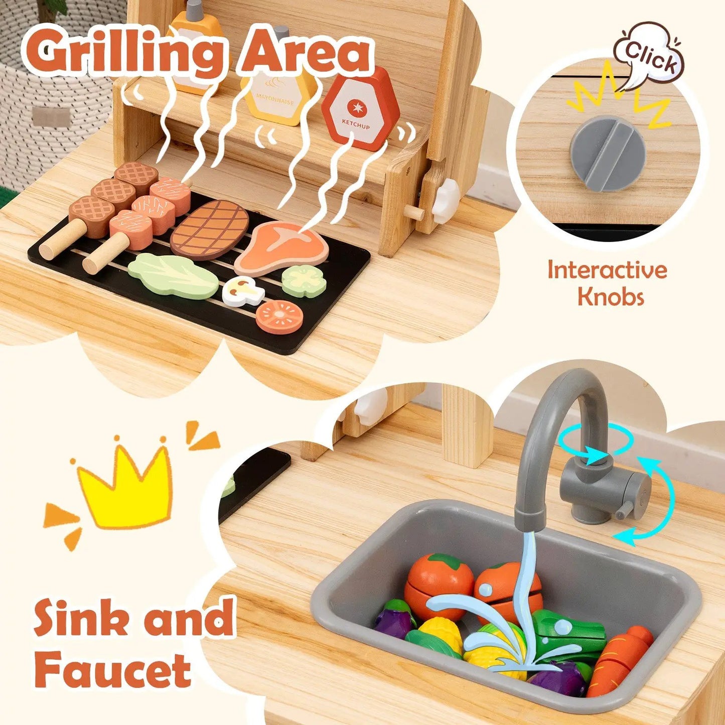 Wooden barbecue grill playset with chalkboard and sink; includes wooden food pieces on Tampa Home & Garden Store