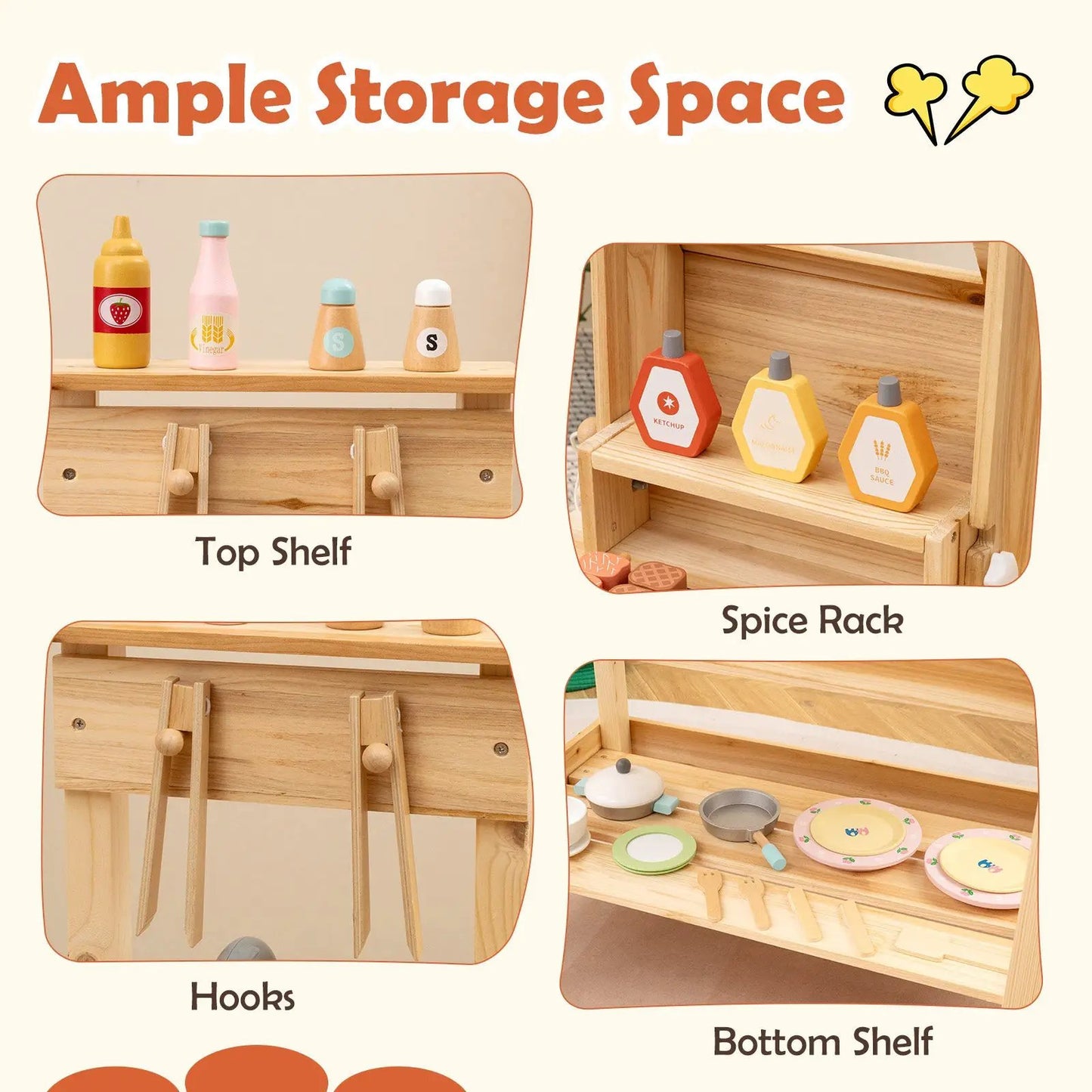 Wooden BBQ grill playset with open shelves, spice rack and hooks in natural wood DirectDeals on Tampa Home & Garden Store