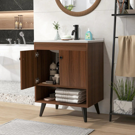 Walnut 25-inch bathroom vanity with sink, black faucet, cabinet with towels DirectDeals on Tampa Home & Garden Store