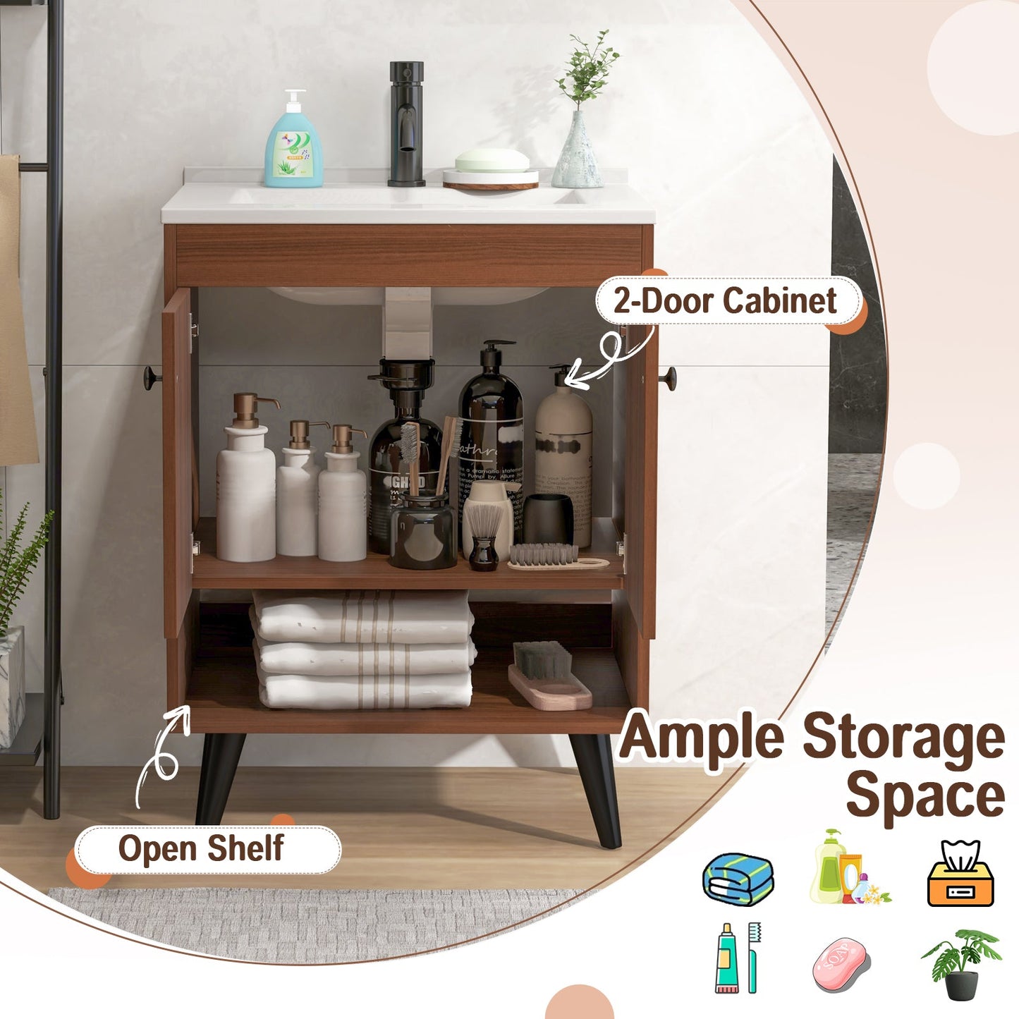 25 Inch Wooden Bathroom Storage Cabinet with Sink-Walnut