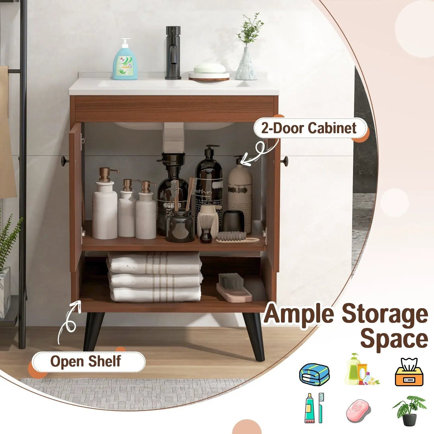 Walnut Wooden 25 Inch bathroom cabinet with sink, 2-door cabinet and open lower shelf on Tampa Home & Garden Store