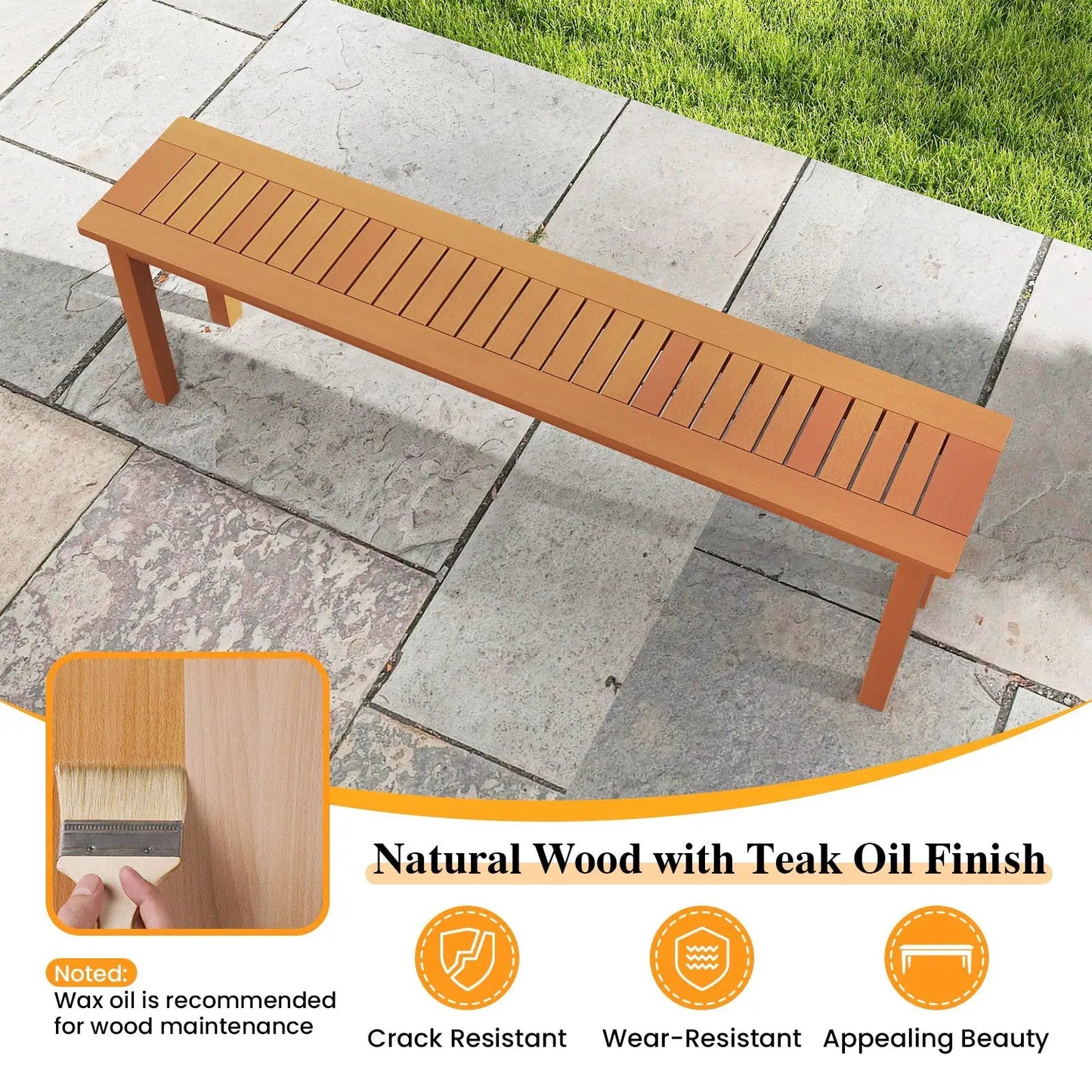 Outdoor 59 Inch Backless Patio Dining Bench teak oil finish natural wood DirectDeals on Tampa Home & Garden Store