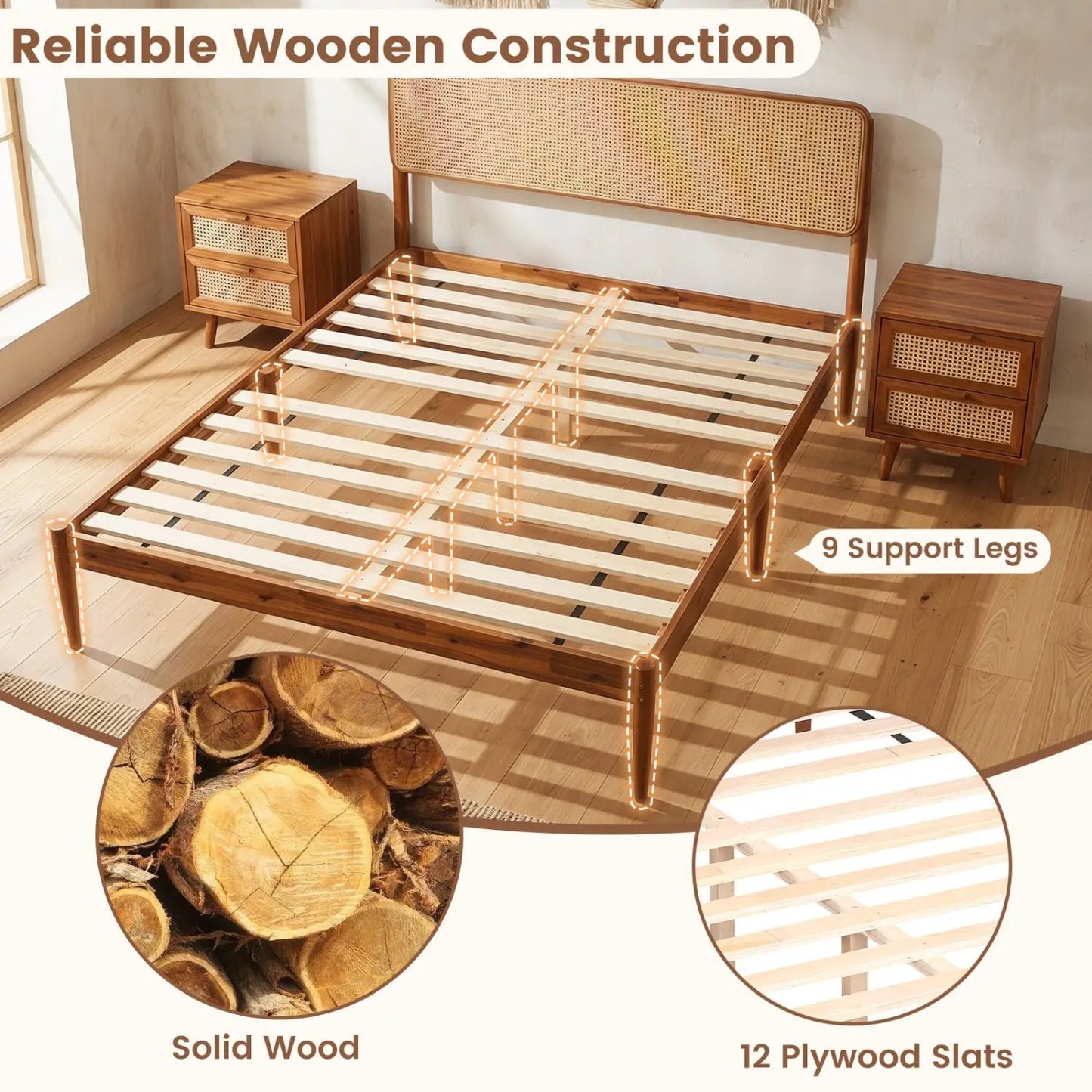 Queen Rattan Headboard Bed Frame With Slat System
