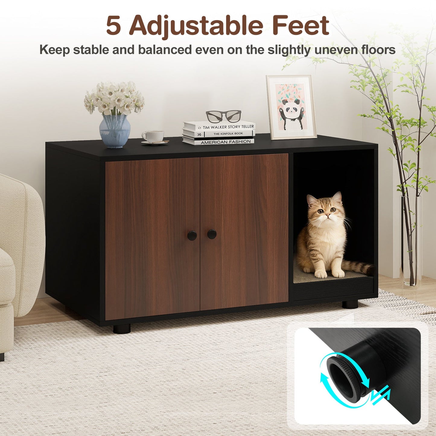Wooden cat litter box enclosure with scratching, black frame and walnut doors cat in cubby on Tampa Home & Garden Store