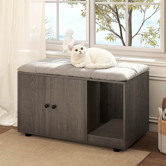 DirectDeals wooden cat litter box enclosure with cushioned gray top and scratching board on Tampa Home & Garden Store