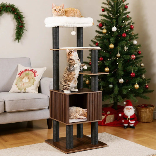 Wooden Cat Tower with Top Plush Perch and Soft Padding, six levels, brown wood with black rope-wrapped posts DirectDeals on Tampa Home & Garden Store