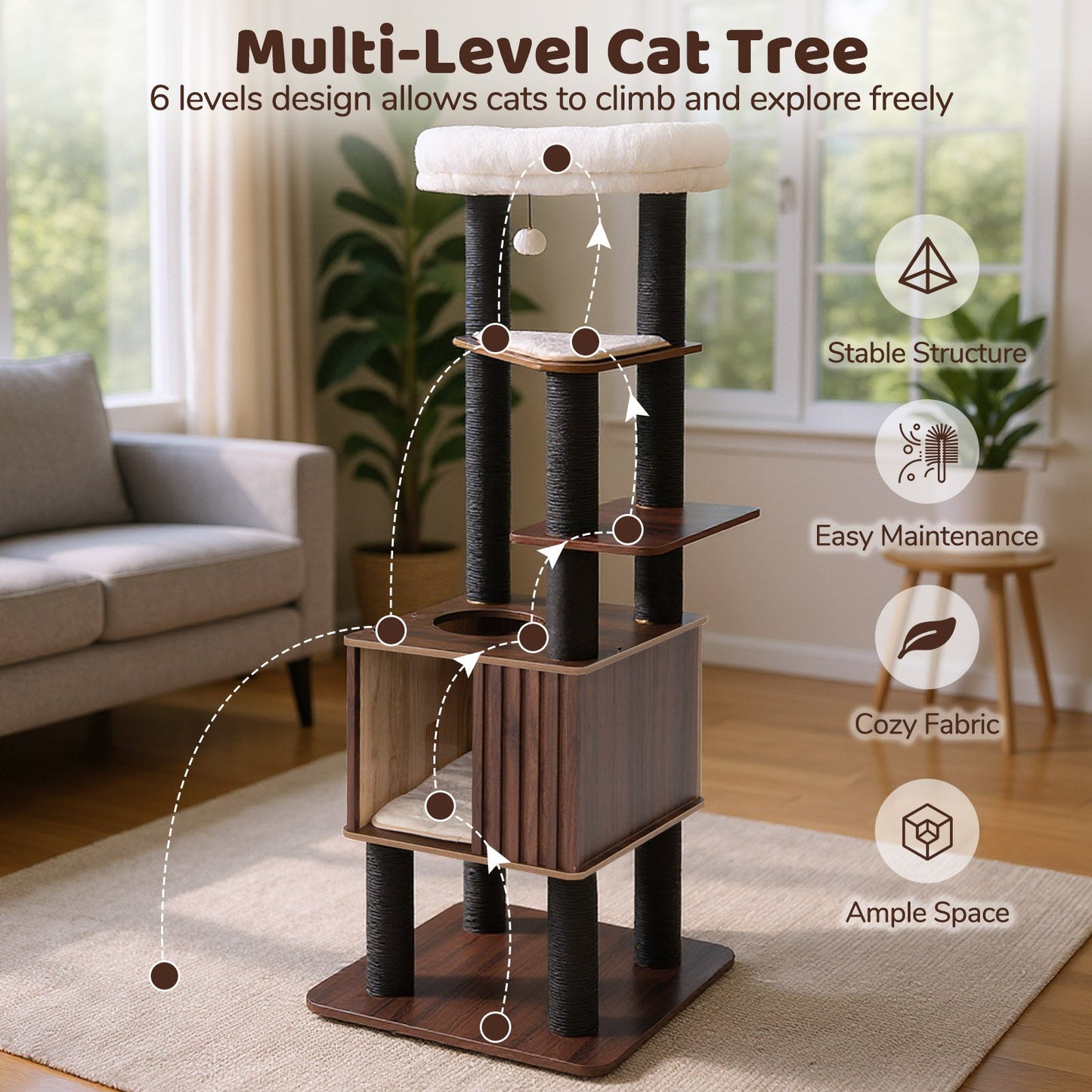Wooden Cat Tower six-level with top padded perch DirectDeals dark rope posts brown platforms on Tampa Home & Garden Store