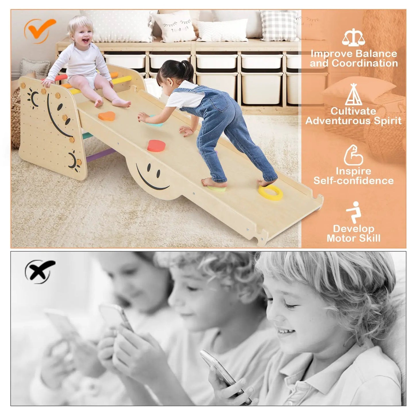 Wooden Climbing Toy Triangle Climber Set with Seesaw-Multicolor - Tampa Home & Garden Store