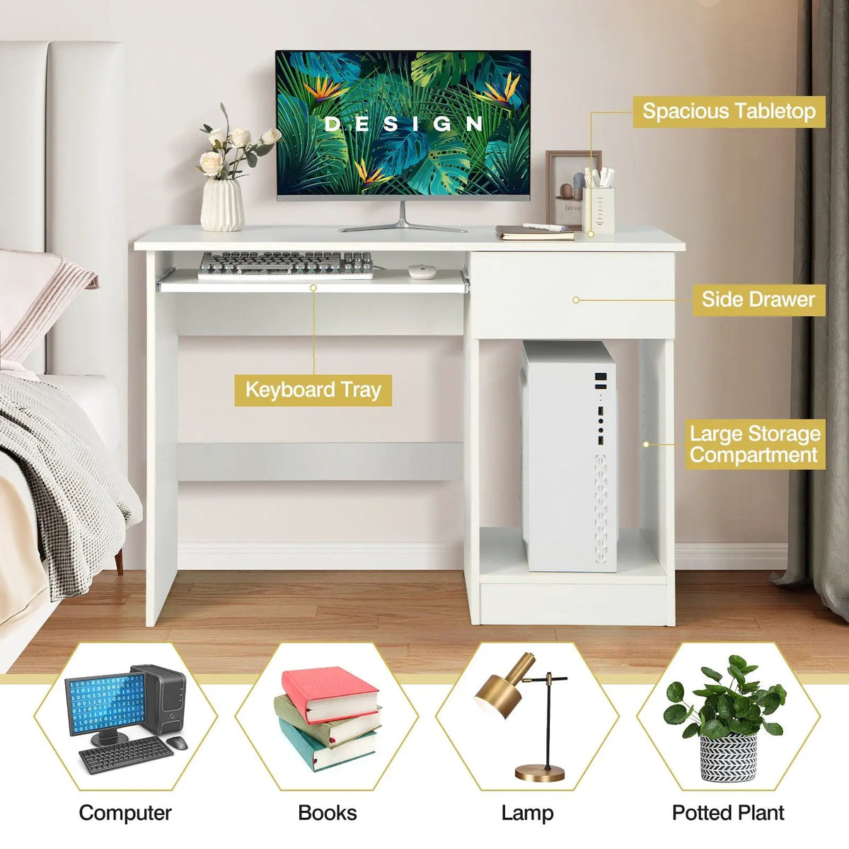 White wooden computer desk with CPU stand, keyboard tray, side drawer DirectDeals on Tampa Home & Garden Store