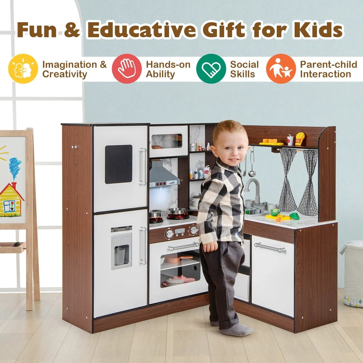 Wooden corner play kitchen with white appliances and brown panels, plaid shirt child beside it on Tampa Home & Garden Store