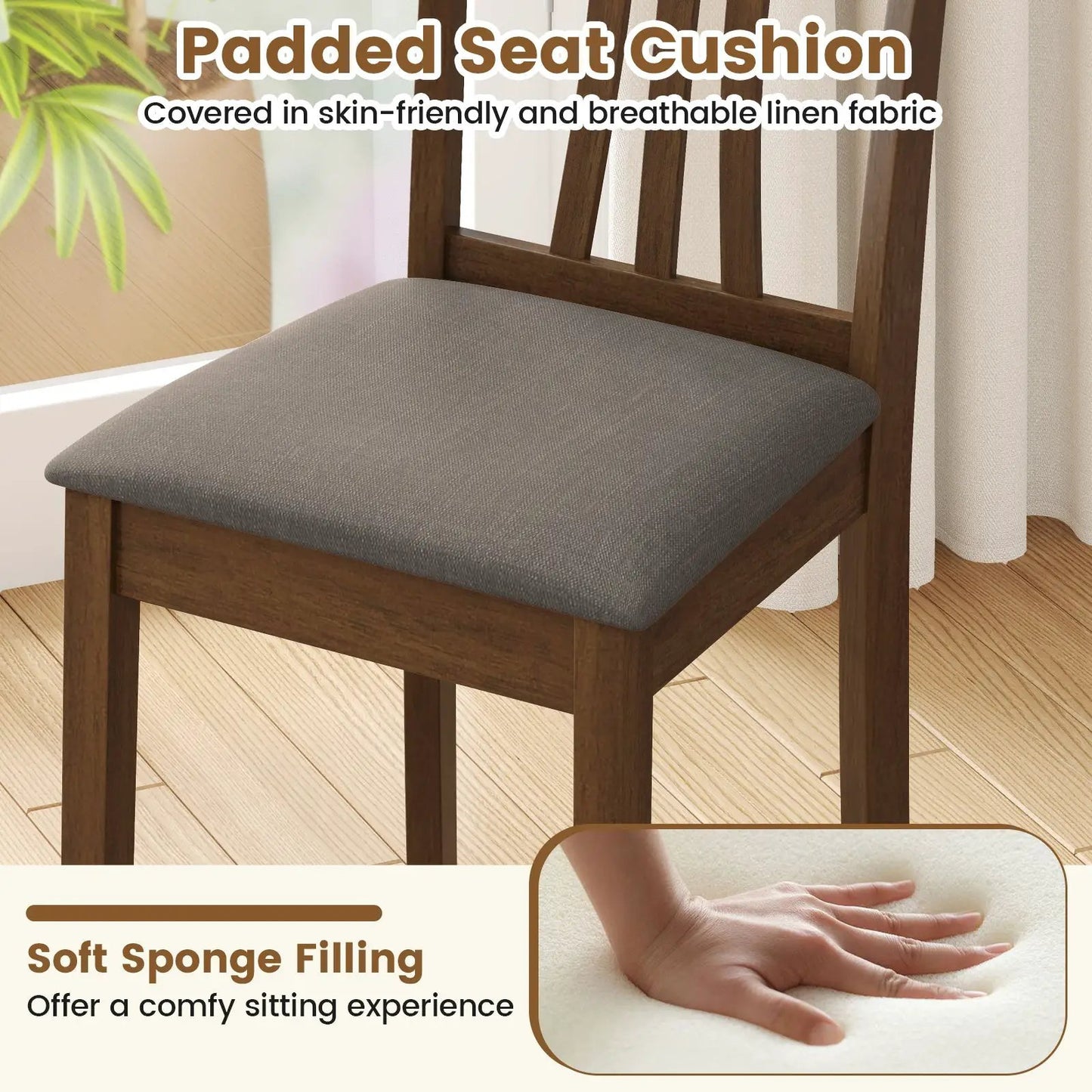 Wooden dining chairs set of 2 with grey linen upholstery and brown wooden frame on Tampa Home & Garden Store