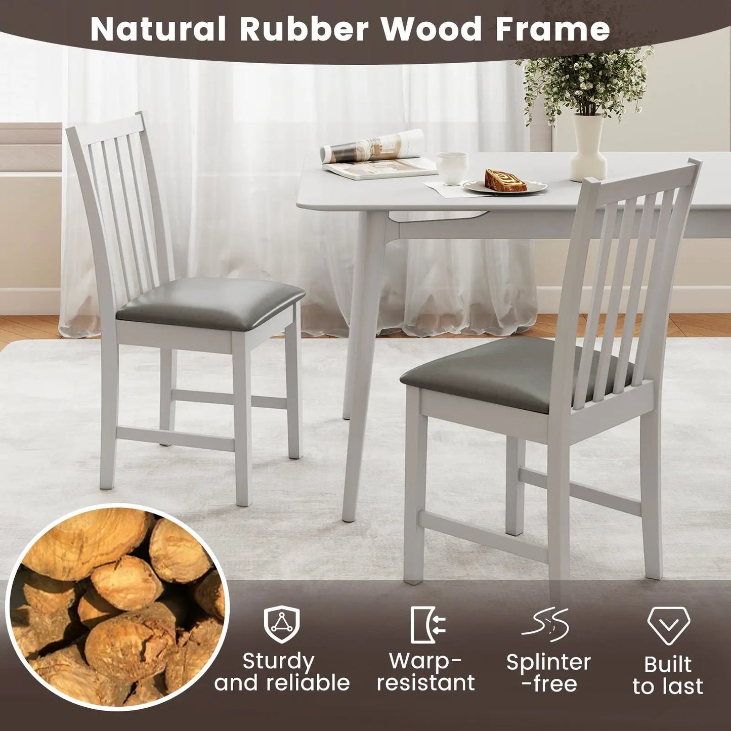 Wooden dining chair pair with rubber wood frame and gray padded seats in white finish on Tampa Home & Garden Store