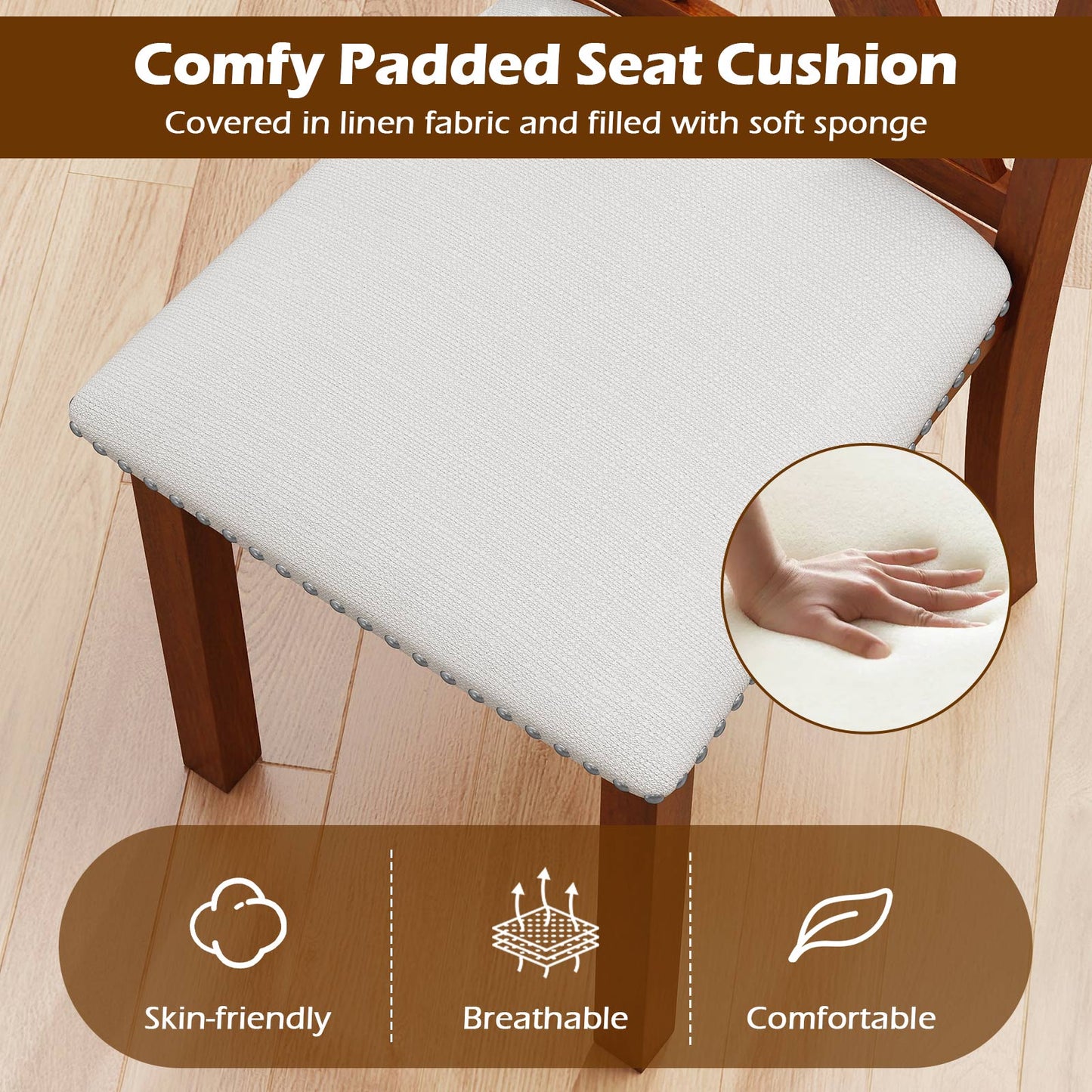 Beige padded wooden dining chair set for 2 with studded edge and wooden frame DirectDeals on Tampa Home & Garden Store