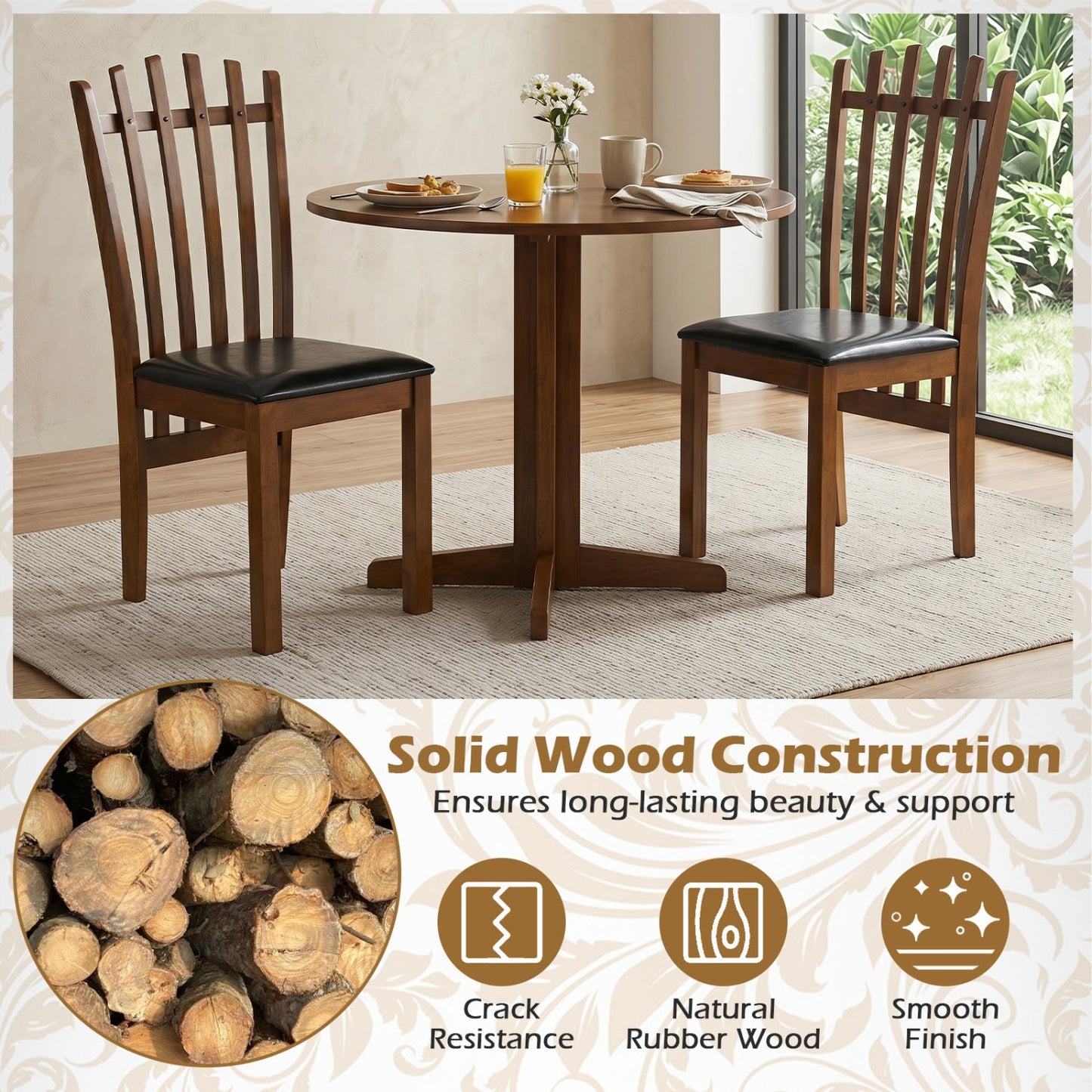 Dining Chairs set of 2 with spindle back and PU leather seats in warm brown solid wood on Tampa Home & Garden Store