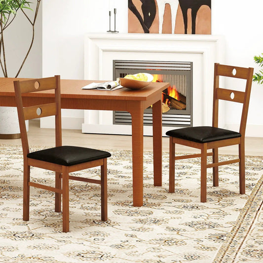 Wooden dining chairs set of 2 with hollow circular back cutouts and black cushioned seats on Tampa Home & Garden Store