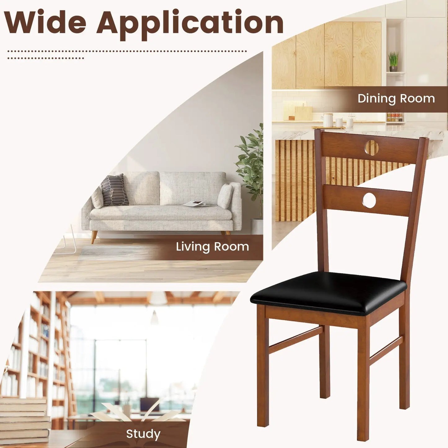 Wooden dining chairs set of 2 with hollowed back brown wood frame and black cushioned seat on Tampa Home & Garden Store