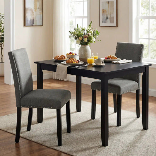 Wooden dining chairs set of four with bent wood legs, grey upholstered seats, nailhead trim on Tampa Home & Garden Store