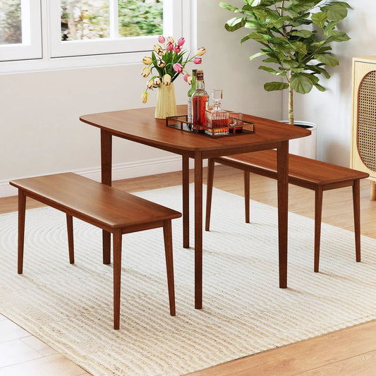 Walnut-finished dining table for 2-4 people with two matching benches on Tampa Home & Garden Store